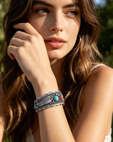 Turquoise Feather Cuff Bracelet for Women - Western Style Silver Adjustable Bracelet with Red Gemstone Accents, Vintage Southwest Boho Jewelry Gift for Cowgirl Festival Daily Wear in Kuwait