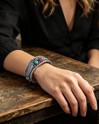 Turquoise Feather Cuff Bracelet for Women - Western Style Silver Adjustable Bracelet with Red Gemstone Accents, Vintage Southwest Boho Jewelry Gift for Cowgirl Festival Daily Wear in Kuwait
