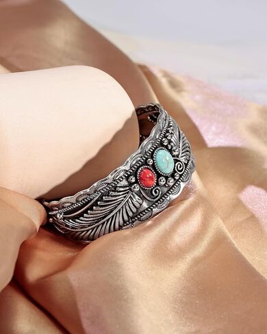Turquoise Feather Cuff Bracelet for Women - Western Style Silver Adjustable Bracelet with Red Gemstone Accents, Vintage Southwest Boho Jewelry Gift for Cowgirl Festival Daily Wear in Kuwait