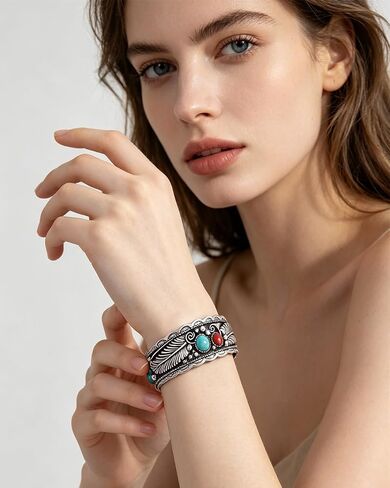 Turquoise Feather Cuff Bracelet for Women - Western Style Silver Adjustable Bracelet with Red Gemstone Accents, Vintage Southwest Boho Jewelry Gift for Cowgirl Festival Daily Wear in Kuwait