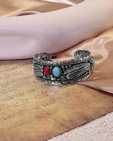 Turquoise Feather Cuff Bracelet for Women - Western Style Silver Adjustable Bracelet with Red Gemstone Accents, Vintage Southwest Boho Jewelry Gift for Cowgirl Festival Daily Wear in Kuwait