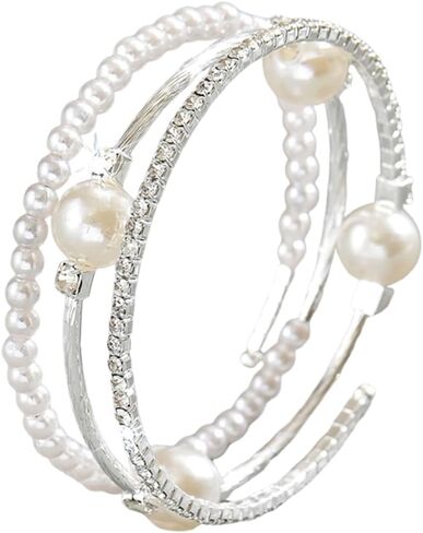 Silver Sparkling Crystal Rhinestone Faux Pearl Open Cuff Bracelet for Women,Dainty Wrap Stackable Statement Bracelet Wedding Bridal Jewelry Accessory in Kuwait