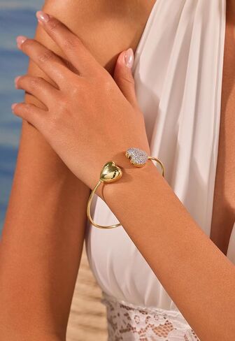 Love Heart Bracelet Gold Plated with Crystal Embellished Heart Charm Open Cuff Bangle Jewelry for Women in Kuwait