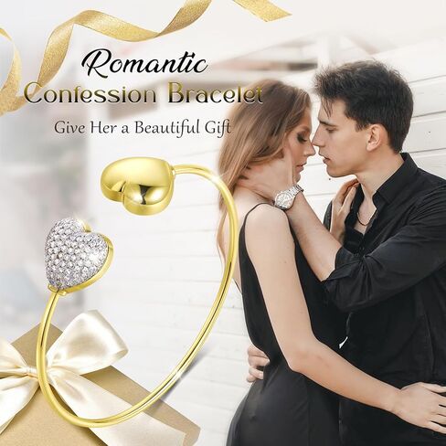 Love Heart Bracelet Gold Plated with Crystal Embellished Heart Charm Open Cuff Bangle Jewelry for Women in Kuwait