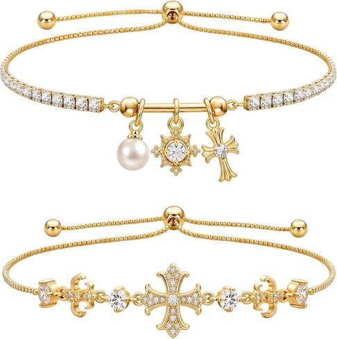 2 pcs Gold Bracelets Set for Women Non Tarnish ,Waterproof 14K Gold Plated Pearl and Cross Charm Tennis Bracelet for Women,Adjustable Cubic Zirconia Bracelet,Trendy Fashion Jewelry Mothers Day Gifts for Mom Birthday in Kuwait