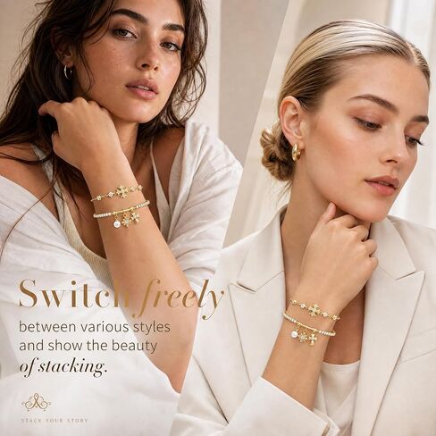 2 pcs Gold Bracelets Set for Women Non Tarnish ,Waterproof 14K Gold Plated Pearl and Cross Charm Tennis Bracelet for Women,Adjustable Cubic Zirconia Bracelet,Trendy Fashion Jewelry Mothers Day Gifts for Mom Birthday in Kuwait