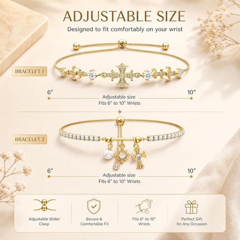 2 pcs Gold Bracelets Set for Women Non Tarnish ,Waterproof 14K Gold Plated Pearl and Cross Charm Tennis Bracelet for Women,Adjustable Cubic Zirconia Bracelet,Trendy Fashion Jewelry Mothers Day Gifts for Mom Birthday in Kuwait