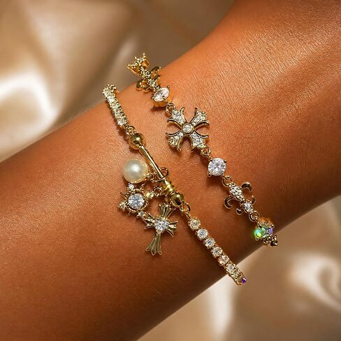 2 pcs Gold Bracelets Set for Women Non Tarnish ,Waterproof 14K Gold Plated Pearl and Cross Charm Tennis Bracelet for Women,Adjustable Cubic Zirconia Bracelet,Trendy Fashion Jewelry Mothers Day Gifts for Mom Birthday in Kuwait
