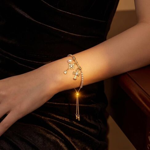2 pcs Gold Bracelets Set for Women Non Tarnish ,Waterproof 14K Gold Plated Pearl and Cross Charm Tennis Bracelet for Women,Adjustable Cubic Zirconia Bracelet,Trendy Fashion Jewelry Mothers Day Gifts for Mom Birthday in Kuwait