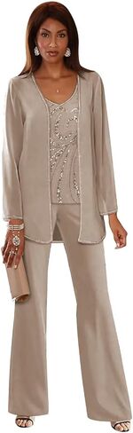 3 Pieces Chiffon Mother of the Bride Pant Suits for Wedding Sequin Wedding Guest Outfit for Women with Jacket in Saudi Arabia