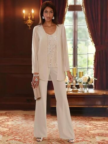 3 Pieces Chiffon Mother of the Bride Pant Suits for Wedding Sequin Wedding Guest Outfit for Women with Jacket in Saudi Arabia