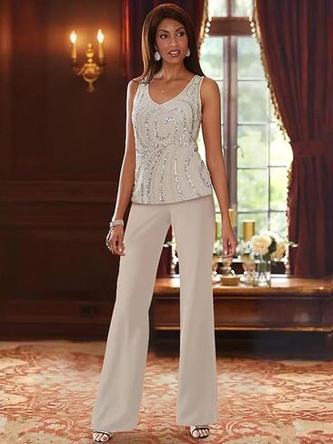 3 Pieces Chiffon Mother of the Bride Pant Suits for Wedding Sequin Wedding Guest Outfit for Women with Jacket in Saudi Arabia
