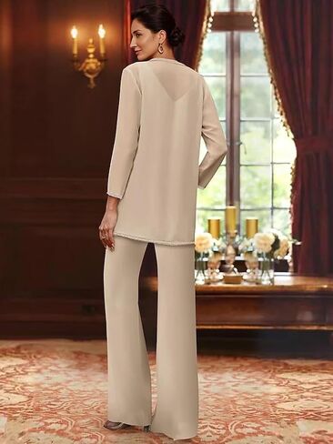 3 Pieces Chiffon Mother of the Bride Pant Suits for Wedding Sequin Wedding Guest Outfit for Women with Jacket in Saudi Arabia