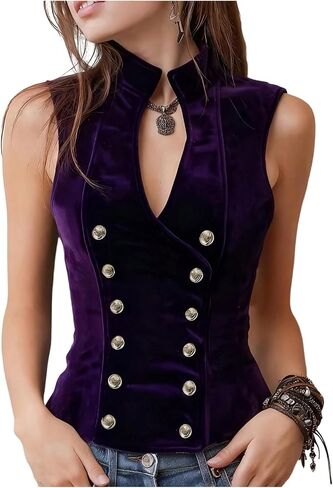MakeMeChic Women's Velvet Mock Neck Vest Top Double Breasted Botton Sleeveless Vintage Tank Tops in Saudi Arabia