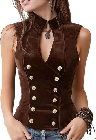 MakeMeChic Women's Velvet Mock Neck Vest Top Double Breasted Botton Sleeveless Vintage Tank Tops in Saudi Arabia