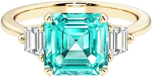 Solid 14k Gold 3 Carat Asscher Lab Grown Paraiba Tourmaline and Trapezoid Diamond 3-Stone Ring, October Birthstone, Engagement, Anniversary, Wedding, Birthday Gift for Women w/ Jewelry Box, Size 4-10 in Saudi Arabia