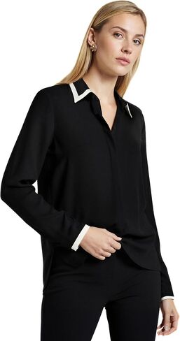 بلوزة Anne Klein النسائية بأكمام طويلة وأزرار سفلية مع أطراف متباينة in Kuwait