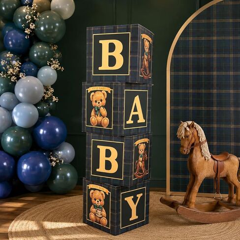 Blue Green Tartan Plaid Baby Shower Boxes with Letters for Baby Shower Decorations Bear Themed Gender Reveal Decoration Photo Prop & Forest Animal Nursery Decor Set (Teal Plaid Bear) ﻿ in Saudi Arabia