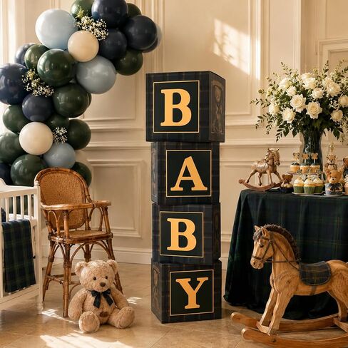 Blue Green Tartan Plaid Baby Shower Boxes with Letters for Baby Shower Decorations Bear Themed Gender Reveal Decoration Photo Prop & Forest Animal Nursery Decor Set (Teal Plaid Bear) ﻿ in Saudi Arabia