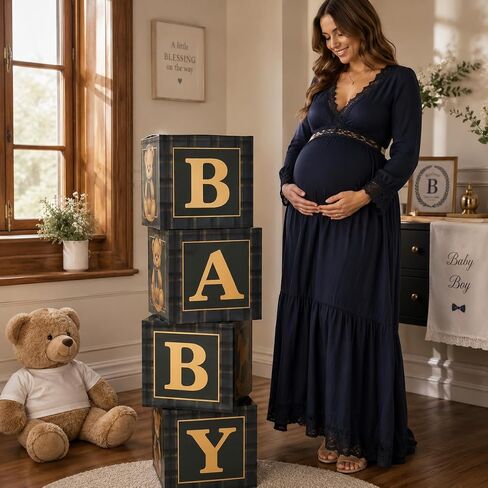 Blue Green Tartan Plaid Baby Shower Boxes with Letters for Baby Shower Decorations Bear Themed Gender Reveal Decoration Photo Prop & Forest Animal Nursery Decor Set (Teal Plaid Bear) ﻿ in Saudi Arabia