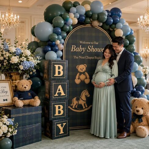 Blue Green Tartan Plaid Baby Shower Boxes with Letters for Baby Shower Decorations Bear Themed Gender Reveal Decoration Photo Prop & Forest Animal Nursery Decor Set (Teal Plaid Bear) ﻿ in Saudi Arabia