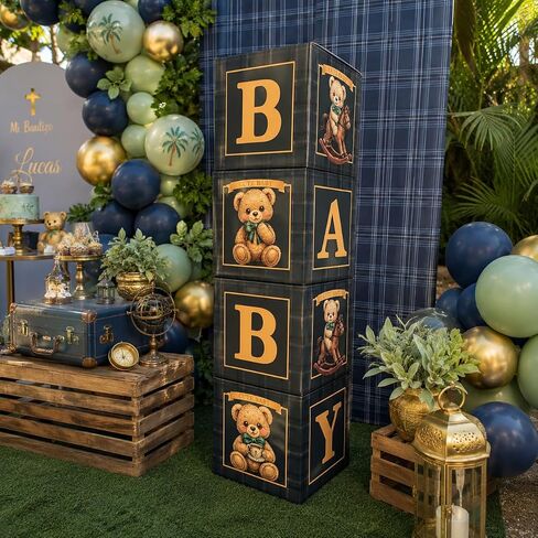 Blue Green Tartan Plaid Baby Shower Boxes with Letters for Baby Shower Decorations Bear Themed Gender Reveal Decoration Photo Prop & Forest Animal Nursery Decor Set (Teal Plaid Bear) ﻿ in Saudi Arabia