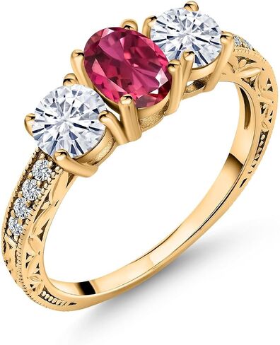 Gem Stone King Gemstone Birthstone and Moissanite 3-Stone Engagement Ring for Women in 18K Yellow Gold Plated Silver | Oval 7X5MM and Round 5MM | Three Stone Wedding Anniversary Promise Ring | Size in Kuwait