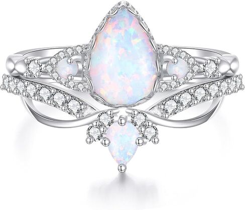 Genuine Opal Engagement Rings for Women 1.5ct Pear Shaped Opal Ring Set 925 Sterling Silver Wedding Ring Set Vintage 2pcs Anniversary Promise Ring For Her in Saudi Arabia