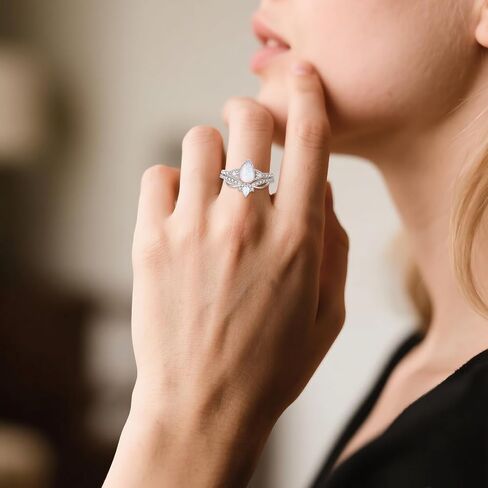 Genuine Opal Engagement Rings for Women 1.5ct Pear Shaped Opal Ring Set 925 Sterling Silver Wedding Ring Set Vintage 2pcs Anniversary Promise Ring For Her in Saudi Arabia