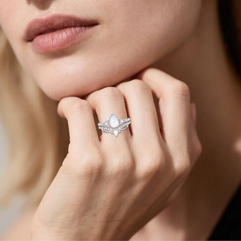 Genuine Opal Engagement Rings for Women 1.5ct Pear Shaped Opal Ring Set 925 Sterling Silver Wedding Ring Set Vintage 2pcs Anniversary Promise Ring For Her in Saudi Arabia