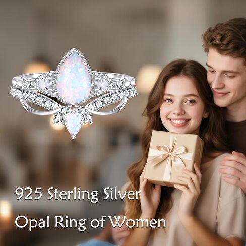 Genuine Opal Engagement Rings for Women 1.5ct Pear Shaped Opal Ring Set 925 Sterling Silver Wedding Ring Set Vintage 2pcs Anniversary Promise Ring For Her in Saudi Arabia