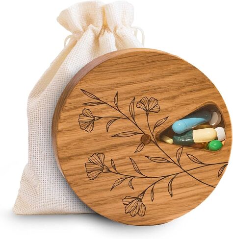 Makety Wooden Weekly Pill Organizer - 7 Day Round Pill Box with Magnetic Lid, Compact Travel Medicine Holder - Natural Oak Wood (L) in Saudi Arabia