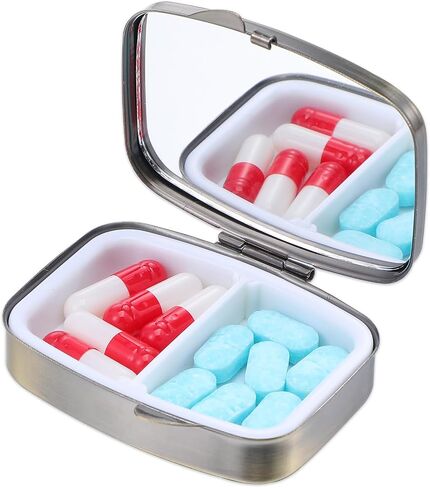 Sibba Pill Case Pill Box with Mirror Vintage Bronze 2-Compartment Metal Pills Organizer Portable Small Medicine Container Mini Medicine Case for Vitamins Supplements Travel Pills Box for Purse Pocket in Kuwait