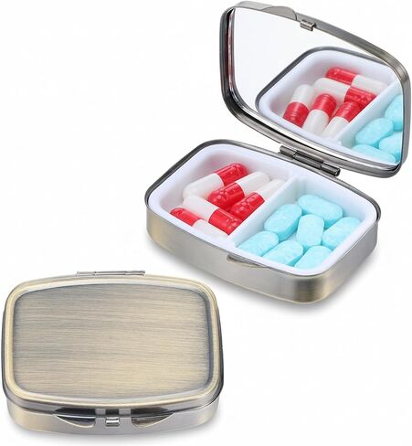 Sibba Pill Case Pill Box with Mirror Vintage Bronze 2-Compartment Metal Pills Organizer Portable Small Medicine Container Mini Medicine Case for Vitamins Supplements Travel Pills Box for Purse Pocket in Kuwait