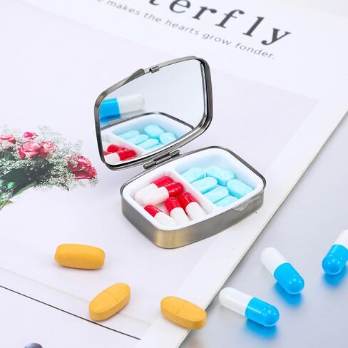 Sibba Pill Case Pill Box with Mirror Vintage Bronze 2-Compartment Metal Pills Organizer Portable Small Medicine Container Mini Medicine Case for Vitamins Supplements Travel Pills Box for Purse Pocket in Kuwait