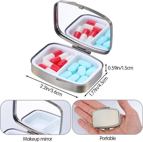 Sibba Pill Case Pill Box with Mirror Vintage Bronze 2-Compartment Metal Pills Organizer Portable Small Medicine Container Mini Medicine Case for Vitamins Supplements Travel Pills Box for Purse Pocket in Kuwait