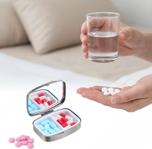 Sibba Pill Case Pill Box with Mirror Vintage Bronze 2-Compartment Metal Pills Organizer Portable Small Medicine Container Mini Medicine Case for Vitamins Supplements Travel Pills Box for Purse Pocket in Kuwait