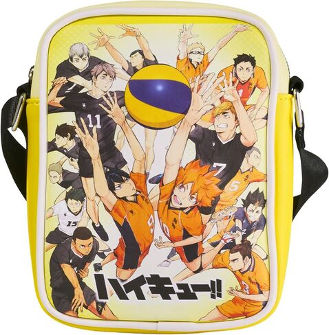 حقيبة كروس من الجلد النباتي من Haikyu مع حزام قابل للتعديل، Haikyu To the Top Players Group وشعار العنوان باللون الأصفر in Kuwait