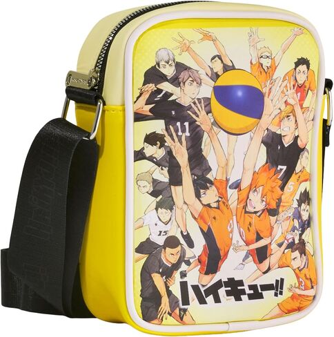 حقيبة كروس من الجلد النباتي من Haikyu مع حزام قابل للتعديل، Haikyu To the Top Players Group وشعار العنوان باللون الأصفر in Kuwait