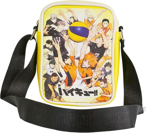 حقيبة كروس من الجلد النباتي من Haikyu مع حزام قابل للتعديل، Haikyu To the Top Players Group وشعار العنوان باللون الأصفر in Kuwait