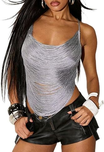 Women's Draped Halter Fringe Cowl Neck Crop Top Crisscross Back Adjustable Straps Sleeveless Tassel Tank Camisole Streetwear in Saudi Arabia