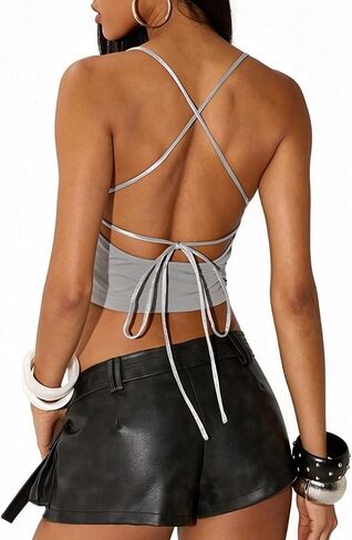 Women's Draped Halter Fringe Cowl Neck Crop Top Crisscross Back Adjustable Straps Sleeveless Tassel Tank Camisole Streetwear in Saudi Arabia