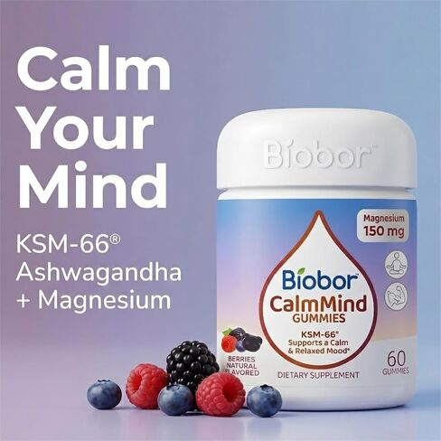CalmMind Triple Magnesium Gummies with KSM-66 Ashwagandha, Magnesium Glycinate Citrate & Malate, Calm Mood, Relaxation & Muscle Health Supplement, GMP & COA Tested, Vegetarian, Mixed Berry, 60 Count in Kuwait