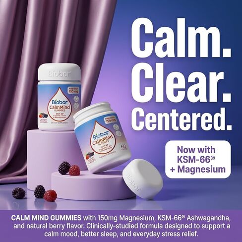 CalmMind Triple Magnesium Gummies with KSM-66 Ashwagandha, Magnesium Glycinate Citrate & Malate, Calm Mood, Relaxation & Muscle Health Supplement, GMP & COA Tested, Vegetarian, Mixed Berry, 60 Count in Kuwait