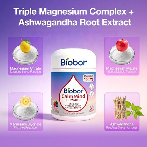 CalmMind Triple Magnesium Gummies with KSM-66 Ashwagandha, Magnesium Glycinate Citrate & Malate, Calm Mood, Relaxation & Muscle Health Supplement, GMP & COA Tested, Vegetarian, Mixed Berry, 60 Count in Kuwait