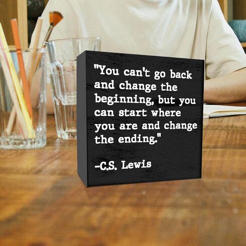 Inspirational Quotes Office Decor Wooden Box Sign for Home Office Desk Shelf Table Motivational Wall Decor Inspirational Gifts for Women Men Friends - C.S. Lewis 5 X 5 Inches (Black) in Saudi Arabia