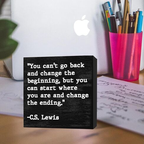 Inspirational Quotes Office Decor Wooden Box Sign for Home Office Desk Shelf Table Motivational Wall Decor Inspirational Gifts for Women Men Friends - C.S. Lewis 5 X 5 Inches (Black) in Saudi Arabia