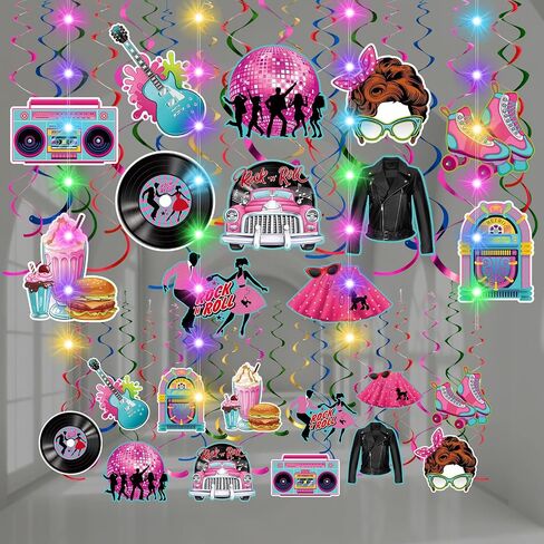 56 Pcs 80s Hanging Decorations with Lights Back to the 80's Hanging Swirls Retro Hip Hop Paper Cutouts Neon Rock Hippie Music Record Disco Ceiling Streamers for Home Birthday Party Supplies in Saudi Arabia