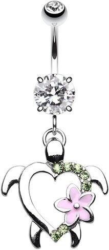 Turtle Hawaiian Flower Gem Cubic Zirconia Navel Dangle Belly Button Ring in Saudi Arabia