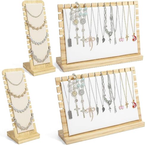 4PCS Bamboo Necklace Display Stands, 2 Sizes Jewelry Organizer with PU & Flannel Panels, Detachable Base Tabletop Holder for Necklaces, Chains, Bracelets – for Home, Boutique, or Vendor Shows in Saudi Arabia